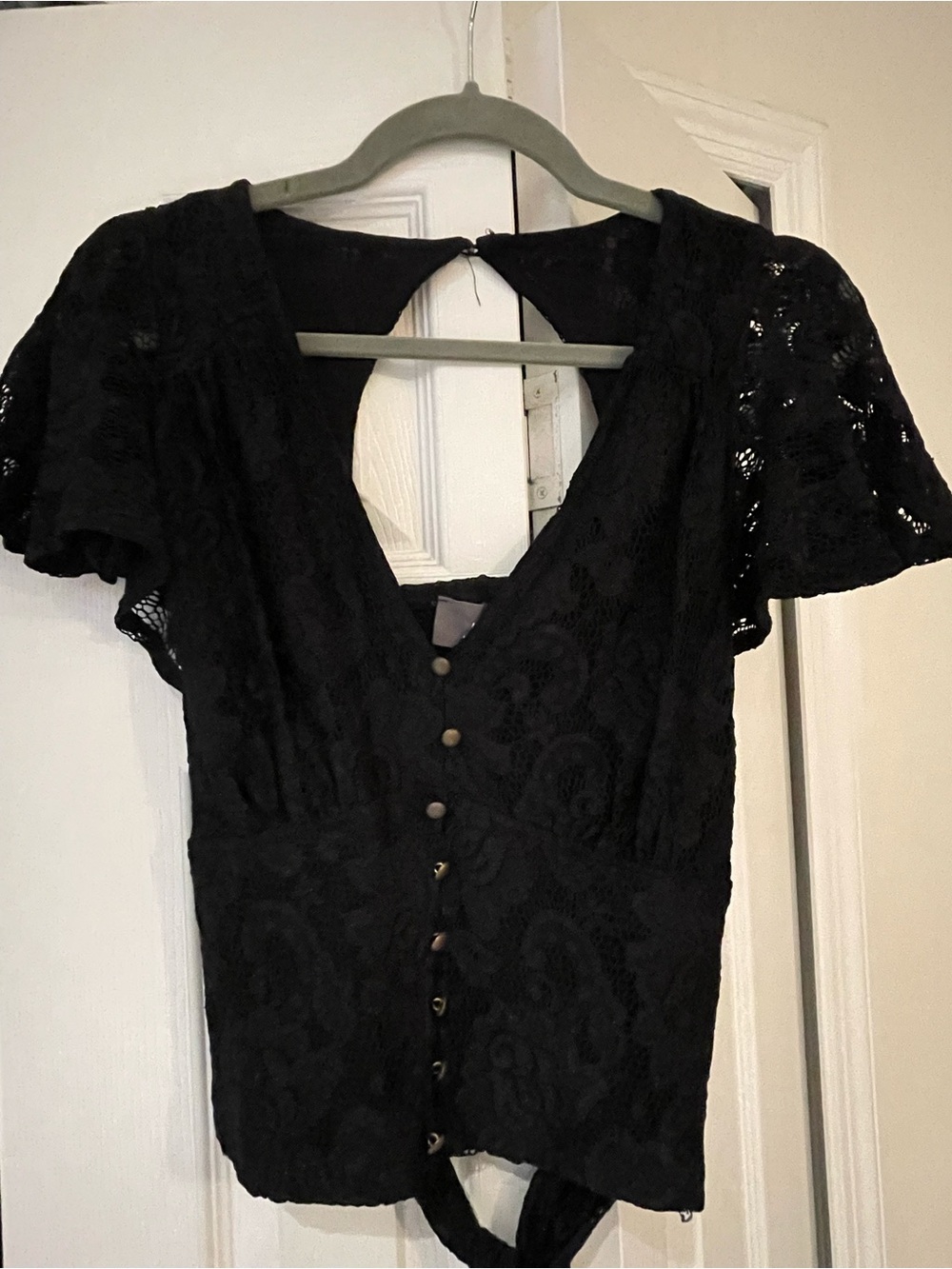 Anthropologie Black Lace Button-Front V-Neck Top